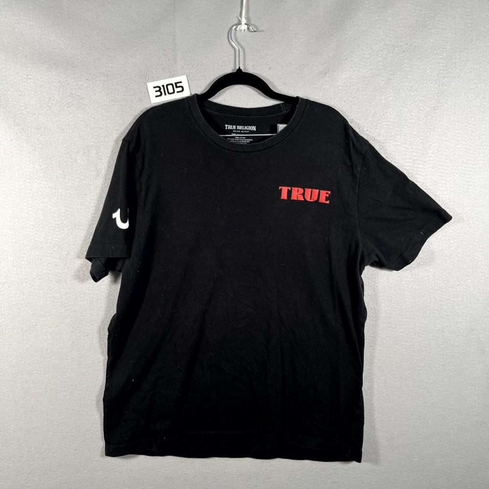 True Religion T Shirt Mens XL Black Logo Buddha Cotton Short Sleeve Pullover